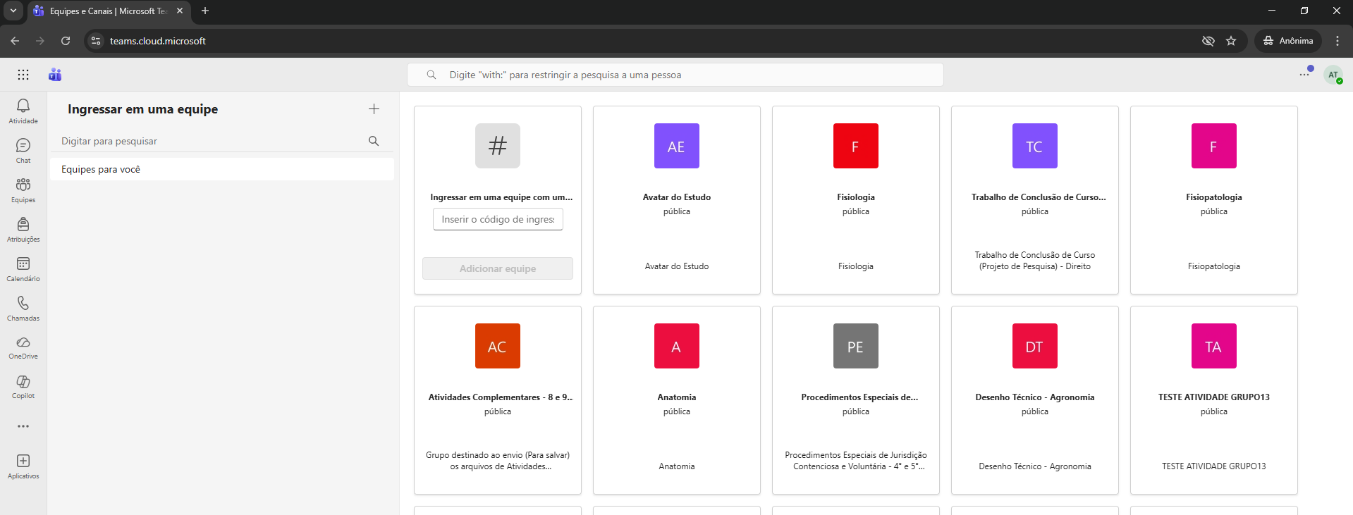 Acessar equipe ou aula